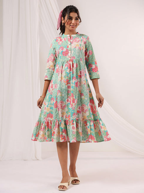Janasya Women's Mint Green Pure Cotton Floral Printed A-line Dress